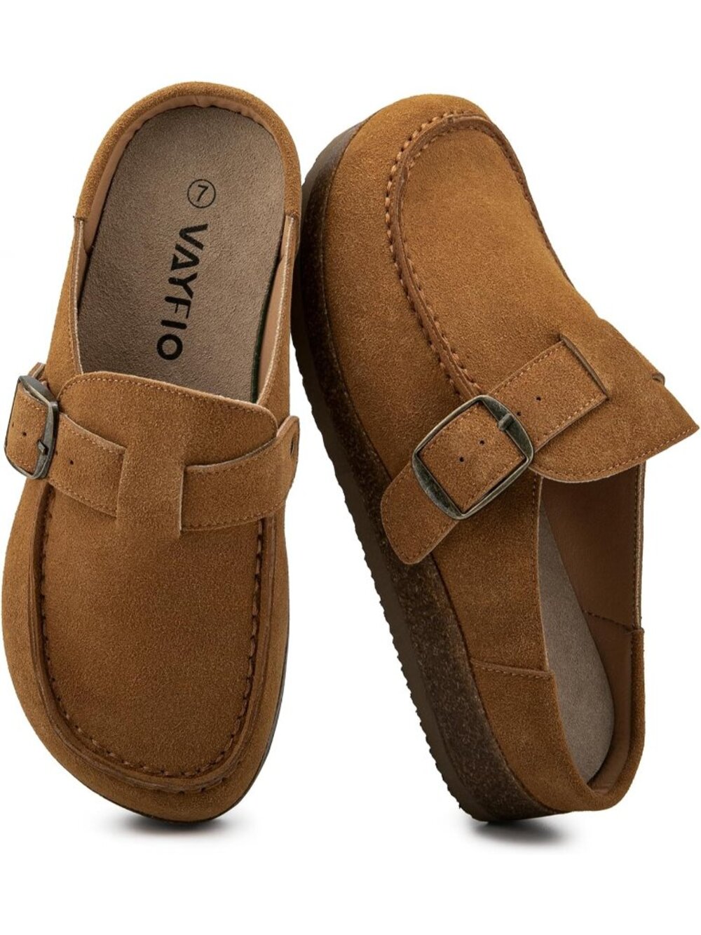 🆕Women's Brown Leather Buckle Clogs Non Slip Platform Mules Slip-On Slides